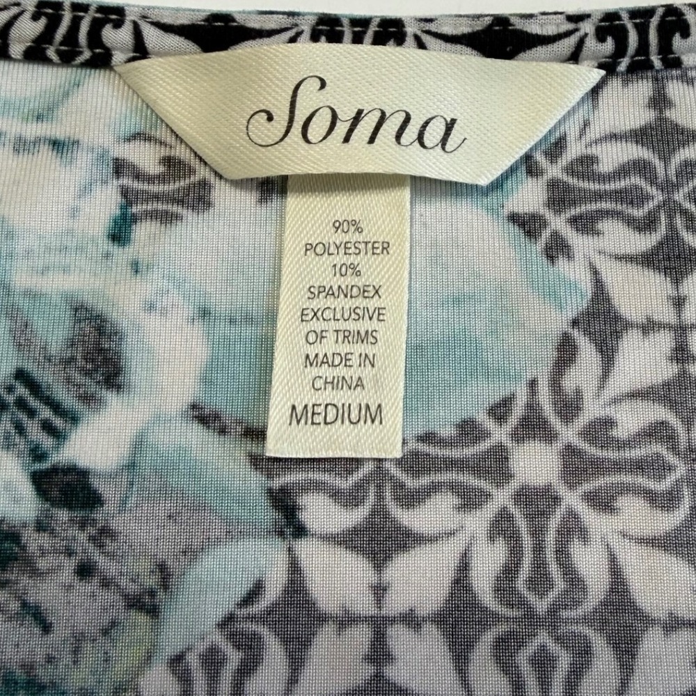 Soma Teal Floral Black Geometric Lounge Dress Nightgown Lace Trim Medium - Picture 3 of 11